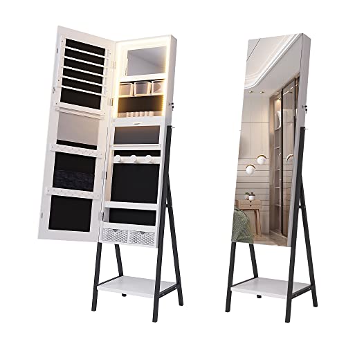 jajov 47.2" LED Mirror Jewelry Cabinet Freestanding, Large Full-Length Mirror with Jewelry Storage, Lockable Jewelry Armoire Organizer Built-in Lighted Mirror makeup tray (White)
