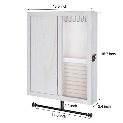 Keebofly Wall Mounted Jewelry Box Organizer With Rustic Wood Large Space Jewelry Cabinet Holder Jewelry Storage Box for Necklaces, Earrings, Bracelets, Ring Holder, and Accessories White
