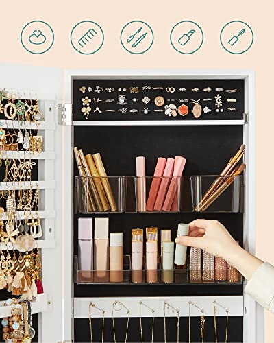 SONGMICS Jewelry Cabinet Armoire, Freestanding Lockable Storage Organizer Unit with 2 Plastic Cosmetic Storage, Full-Length Frameless Mirror, for Necklace Earring, White UJJC002W01