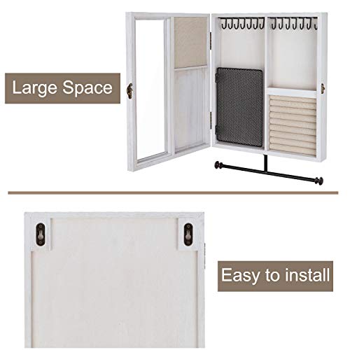 Keebofly Wall Mounted Jewelry Box Organizer With Rustic Wood Large Space Jewelry Cabinet Holder Jewelry Storage Box for Necklaces, Earrings, Bracelets, Ring Holder, and Accessories White