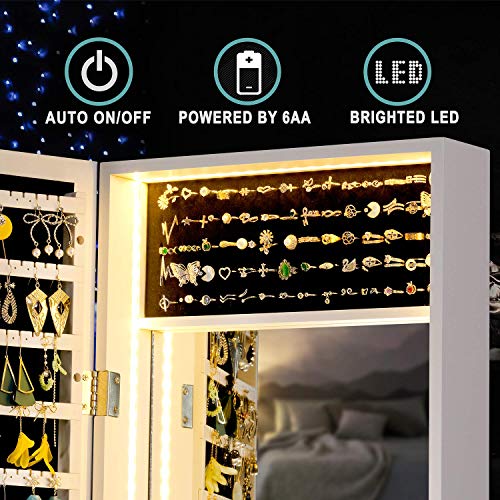 LUXFURNI Mirror Jewelry Cabinet 79 LED Lights Wall-Mount/Door-Hanging Armoire, Lockable Storage Organizer w/Drawers (White)