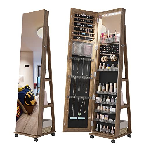 Lvifur 360° Rotating Jewelry Armoire 6 LEDS, Full Length Mirror Large Capacity Jewelry Organizer Armoire, Lockable Floor Standing Mirror with 4 rollers for Bedroom, Cloakroom