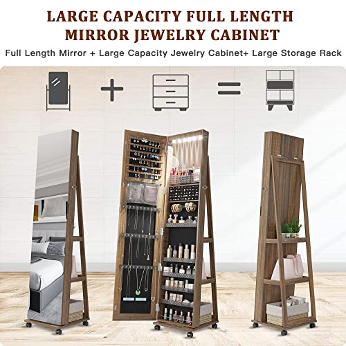Lvifur 360° Rotating Jewelry Armoire 6 LEDS, Full Length Mirror Large Capacity Jewelry Organizer Armoire, Lockable Floor Standing Mirror with 4 rollers for Bedroom, Cloakroom
