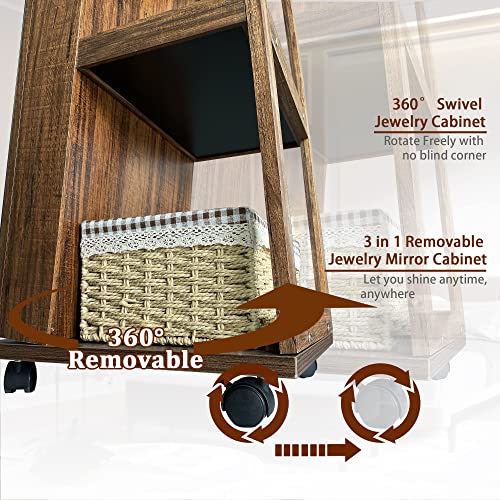 Lvifur 360° Rotating Jewelry Armoire 6 LEDS, Full Length Mirror Large Capacity Jewelry Organizer Armoire, Lockable Floor Standing Mirror with 4 rollers for Bedroom, Cloakroom