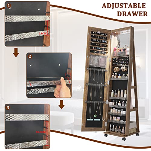 Lvifur 360° Rotating Jewelry Armoire 6 LEDS, Full Length Mirror Large Capacity Jewelry Organizer Armoire, Lockable Floor Standing Mirror with 4 rollers for Bedroom, Cloakroom