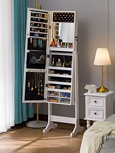 LUXFURNI LED Light Jewelry Cabinet Armoire, Standing Mirror Makeup Lockable Large Storage Organizer w/Drawers (White)
