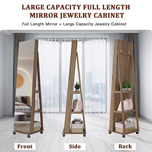 Lvifur 360° Rotating Jewelry Armoire 6 LEDS, Full Length Mirror Large Capacity Jewelry Organizer Armoire, Lockable Floor Standing Mirror with 4 rollers for Bedroom, Cloakroom
