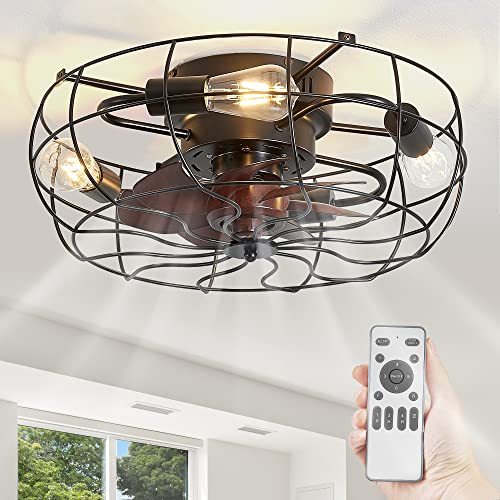 LEDIARY 20" Caged Ceiling Fans With Lights and Remote, Flush Mount Bladeless Ceiling Fan Low Profile, Small Farmhouse Industrial Enclosed Ceiling Fan with Light For Bedroom, Kitchen, Indoor