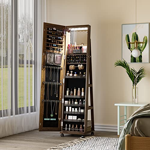 Lvifur 360° Rotating Jewelry Armoire 6 LEDS, Full Length Mirror Large Capacity Jewelry Organizer Armoire, Lockable Floor Standing Mirror with 4 rollers for Bedroom, Cloakroom