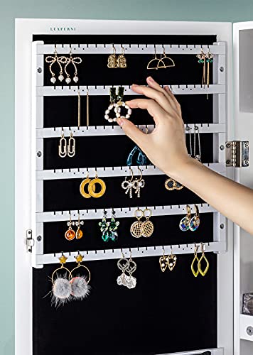 LUXFURNI LED Light Jewelry Cabinet Armoire, Standing Mirror Makeup Lockable Large Storage Organizer w/Drawers (White)