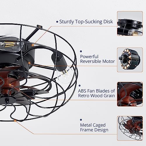 LEDIARY 20" Caged Ceiling Fans With Lights and Remote, Flush Mount Bladeless Ceiling Fan Low Profile, Small Farmhouse Industrial Enclosed Ceiling Fan with Light For Bedroom, Kitchen, Indoor