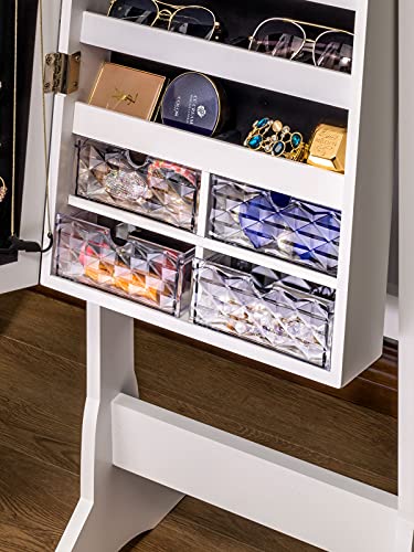 LUXFURNI LED Light Jewelry Cabinet Armoire, Standing Mirror Makeup Lockable Large Storage Organizer w/Drawers (White)
