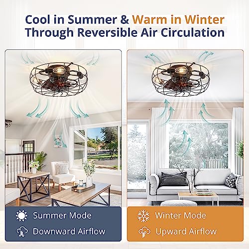 LEDIARY 20" Caged Ceiling Fans With Lights and Remote, Flush Mount Bladeless Ceiling Fan Low Profile, Small Farmhouse Industrial Enclosed Ceiling Fan with Light For Bedroom, Kitchen, Indoor