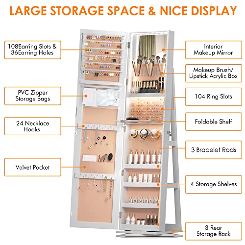 Vlsrka LED Jewelry Armoire with Full Length Mirror 360° Rotating, Jewelry Cabinet Large Standing Lockable Mirror Jewelry Organizer with Inner Makeup Mirror & Soft Velvet for Living Room Bedroom