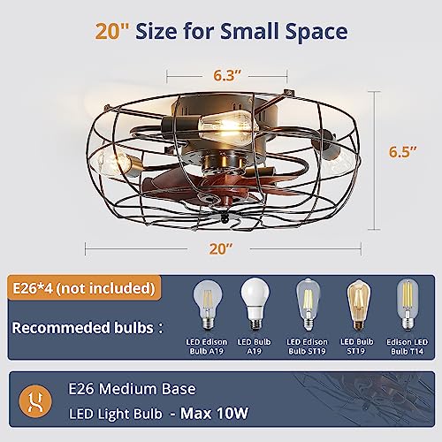 LEDIARY 20" Caged Ceiling Fans With Lights and Remote, Flush Mount Bladeless Ceiling Fan Low Profile, Small Farmhouse Industrial Enclosed Ceiling Fan with Light For Bedroom, Kitchen, Indoor