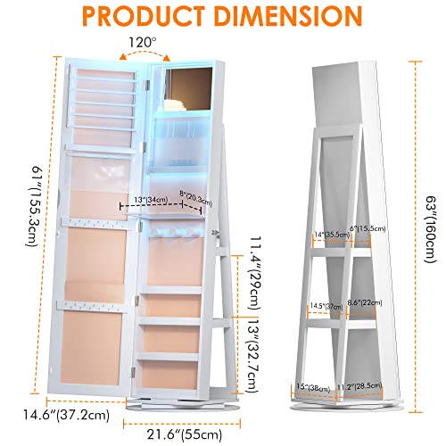 Vlsrka LED Jewelry Armoire with Full Length Mirror 360° Rotating, Jewelry Cabinet Large Standing Lockable Mirror Jewelry Organizer with Inner Makeup Mirror & Soft Velvet for Living Room Bedroom