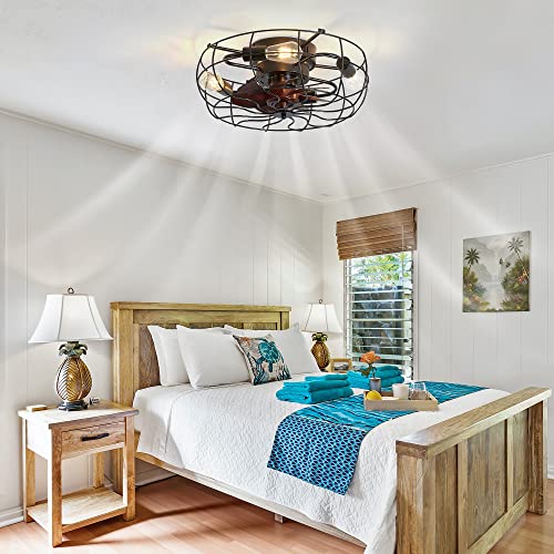 LEDIARY 20" Caged Ceiling Fans With Lights and Remote, Flush Mount Bladeless Ceiling Fan Low Profile, Small Farmhouse Industrial Enclosed Ceiling Fan with Light For Bedroom, Kitchen, Indoor