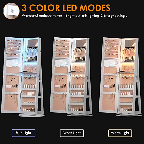 Vlsrka LED Jewelry Armoire with Full Length Mirror 360° Rotating, Jewelry Cabinet Large Standing Lockable Mirror Jewelry Organizer with Inner Makeup Mirror & Soft Velvet for Living Room Bedroom