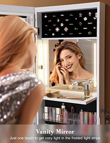 Nicetree 47.2" H Touch LED Mirror with Jewelry Storage, Inner Vanity Makeup Mirror Jewelry Cabinet, Door/Wall Mounted Jewelry Armoire Organizer, 2 Drawers, White, Christmas Gifts for Women