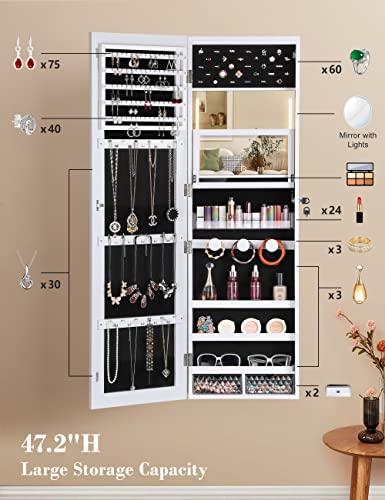 Nicetree 47.2" H Touch LED Mirror with Jewelry Storage, Inner Vanity Makeup Mirror Jewelry Cabinet, Door/Wall Mounted Jewelry Armoire Organizer, 2 Drawers, White, Christmas Gifts for Women