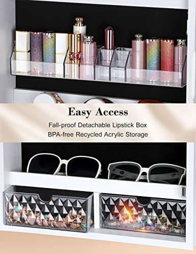 Nicetree 47.2" H Touch LED Mirror with Jewelry Storage, Inner Vanity Makeup Mirror Jewelry Cabinet, Door/Wall Mounted Jewelry Armoire Organizer, 2 Drawers, White, Christmas Gifts for Women
