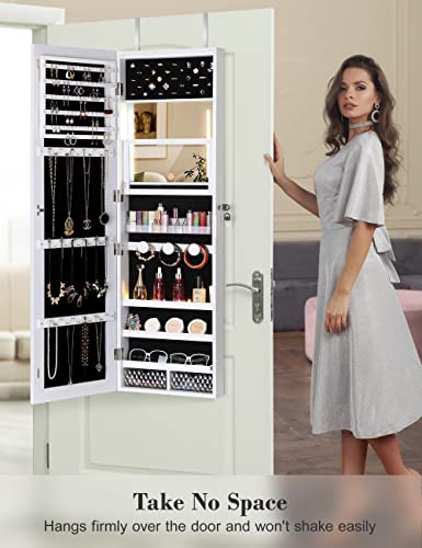 Nicetree 47.2" H Touch LED Mirror with Jewelry Storage, Inner Vanity Makeup Mirror Jewelry Cabinet, Door/Wall Mounted Jewelry Armoire Organizer, 2 Drawers, White, Christmas Gifts for Women