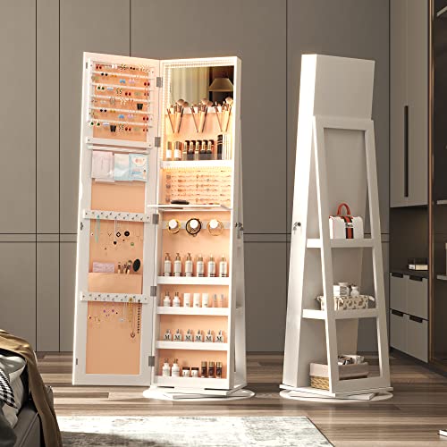Vlsrka LED Jewelry Armoire with Full Length Mirror 360° Rotating, Jewelry Cabinet Large Standing Lockable Mirror Jewelry Organizer with Inner Makeup Mirror & Soft Velvet for Living Room Bedroom
