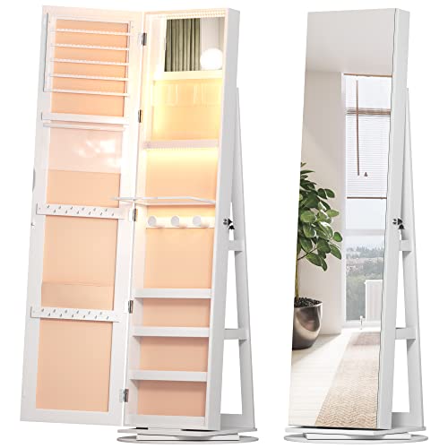 Vlsrka LED Jewelry Armoire with Full Length Mirror 360° Rotating, Jewelry Cabinet Large Standing Lockable Mirror Jewelry Organizer with Inner Makeup Mirror & Soft Velvet for Living Room Bedroom