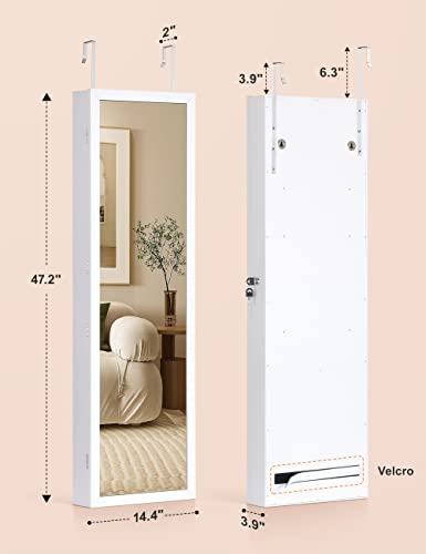 Nicetree 47.2" H Touch LED Mirror with Jewelry Storage, Inner Vanity Makeup Mirror Jewelry Cabinet, Door/Wall Mounted Jewelry Armoire Organizer, 2 Drawers, White, Christmas Gifts for Women