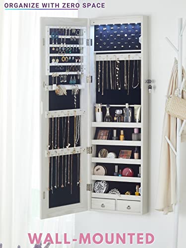 YOKUKINA Jewelry Mirror Armoire Cabinet, Large Storage Organizer w/LED Light, Door-Hanging/Wall-Mounted Lockable, white
