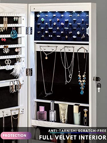 YOKUKINA Jewelry Mirror Armoire Cabinet, Large Storage Organizer w/LED Light, Door-Hanging/Wall-Mounted Lockable, white