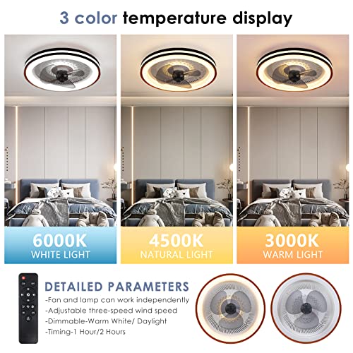 Dannilong Ceiling Fans with Lights - 20" Low Profile Ceiling Fans with Lights and Remote, 3 Colors 3 Speeds Bladeless Flush Mount Ceiling Fan, Small Smart Modern for Bedroom, Living Room, Kitchen.