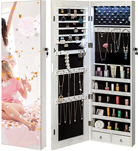 YOKUKINA Jewelry Mirror Armoire Cabinet, Large Storage Organizer w/LED Light, Door-Hanging/Wall-Mounted Lockable, white