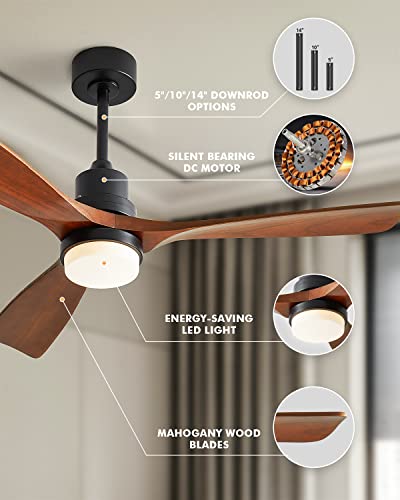 Chriari Ceiling Fans with Lights, 60" Wood Ceiling Fan with Remote Control, 3 Walnut Fan Blades Reversible Quiet DC Motor 6 Speeds Timing Farmhouse Ceiling Fan for Patios Bedroom Living Room