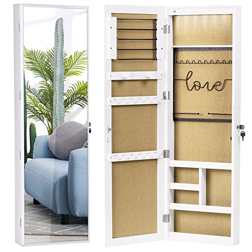 SZQINJI Jewelry Armoire Cabinet with Full-Length Mirror, Large Storage Jewelry Organizer, Wall/Door Mounted, Lockable, Pure White