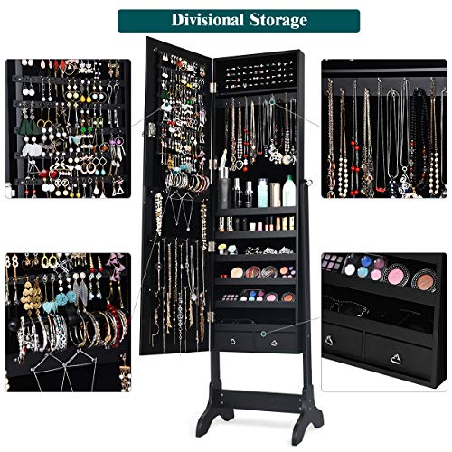 Giantex Lockable Standing Jewelry Armoire with Full Length Mirror, Large Storage Capacity Jewelry Cabinet Organizer with 2 Drawers, 4 Angel Adjustable, Extra Wide Mirror, for Women Girls (Black)