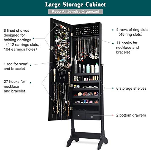 Giantex Lockable Standing Jewelry Armoire with Full Length Mirror, Large Storage Capacity Jewelry Cabinet Organizer with 2 Drawers, 4 Angel Adjustable, Extra Wide Mirror, for Women Girls (Black)