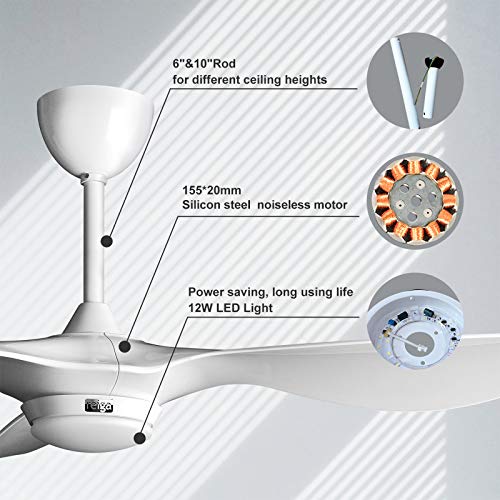 reiga 52-in Bright White Large Ceiling Fan with Dimmable LED Light Kit Remote Control Modern 3 Blades Reversible Quiet DC ETL Motor, 6-speed, Timer, for Bedroom Living Room and Patio