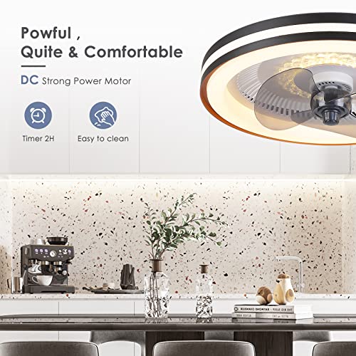 Dannilong Ceiling Fans with Lights - 20" Low Profile Ceiling Fans with Lights and Remote, 3 Colors 3 Speeds Bladeless Flush Mount Ceiling Fan, Small Smart Modern for Bedroom, Living Room, Kitchen.