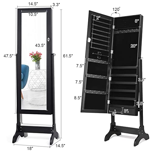 Giantex Lockable Standing Jewelry Armoire with Full Length Mirror, Large Storage Capacity Jewelry Cabinet Organizer with 2 Drawers, 4 Angel Adjustable, Extra Wide Mirror, for Women Girls (Black)