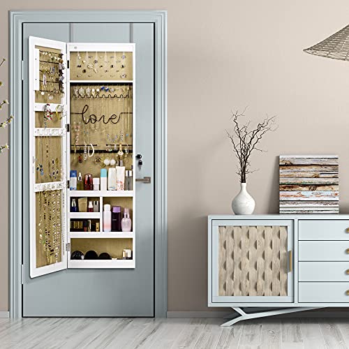 SZQINJI Jewelry Armoire Cabinet with Full-Length Mirror, Large Storage Jewelry Organizer, Wall/Door Mounted, Lockable, Pure White