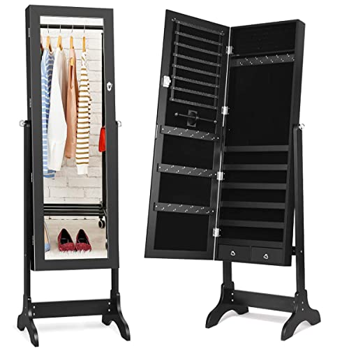 Giantex Lockable Standing Jewelry Armoire with Full Length Mirror, Large Storage Capacity Jewelry Cabinet Organizer with 2 Drawers, 4 Angel Adjustable, Extra Wide Mirror, for Women Girls (Black)