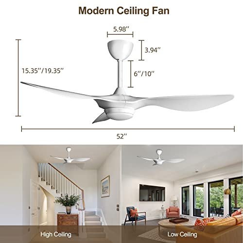reiga 52-in Bright White Large Ceiling Fan with Dimmable LED Light Kit Remote Control Modern 3 Blades Reversible Quiet DC ETL Motor, 6-speed, Timer, for Bedroom Living Room and Patio