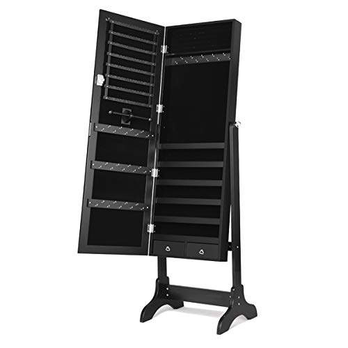 Giantex Lockable Standing Jewelry Armoire with Full Length Mirror, Large Storage Capacity Jewelry Cabinet Organizer with 2 Drawers, 4 Angel Adjustable, Extra Wide Mirror, for Women Girls (Black)