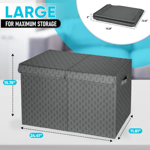Toy Storage Chest (2pc) | Collapsible Polyester Linen Fabric Bins w/Lids | Large Foldable Box Organizer Closet Chest Trunk Container Basket with Cover for Boys Girls Home Bedroom Office Nursery(Gray)