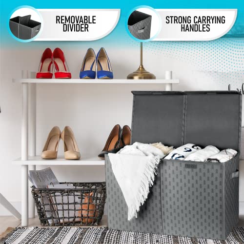 Toy Storage Chest (2pc) | Collapsible Polyester Linen Fabric Bins w/Lids | Large Foldable Box Organizer Closet Chest Trunk Container Basket with Cover for Boys Girls Home Bedroom Office Nursery(Gray)