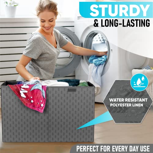 Toy Storage Chest (2pc) | Collapsible Polyester Linen Fabric Bins w/Lids | Large Foldable Box Organizer Closet Chest Trunk Container Basket with Cover for Boys Girls Home Bedroom Office Nursery(Gray)