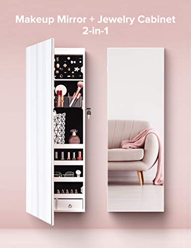 Nicetree 8 LEDs Mirror Jewelry Cabinet, Jewelry Armoire Organizer with Full Screen Mirror, Wall/Door Mounted, Full Length Mirror (White)