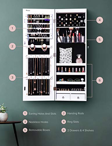 Nicetree 8 LEDs Mirror Jewelry Cabinet, Jewelry Armoire Organizer with Full Screen Mirror, Wall/Door Mounted, Full Length Mirror (White)