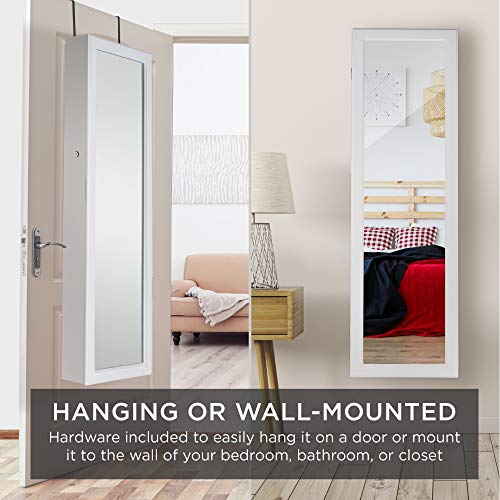 Best Choice Products Full Length Hanging Mirror Jewelry Armoire Cabinet, Makeup Storage Organizer, Wall Mounted, w/Interior Mirror, LED Lights, Lock, Cosmetics Tray, Brush Holders, 4 Shelves
